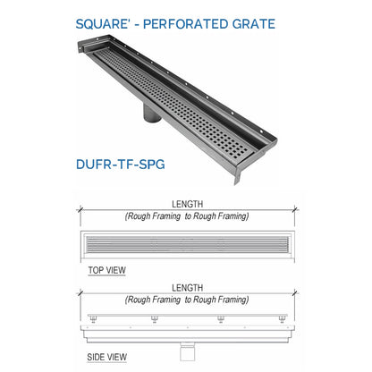 Wall-to-Wall Linear Shower Drain, Brushed Square Perforated Design, Drains Unlimited