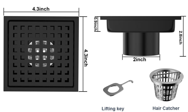 Black Stainless Steel 4 Inch and 6 Inch Shower Drains, Square Grid Design