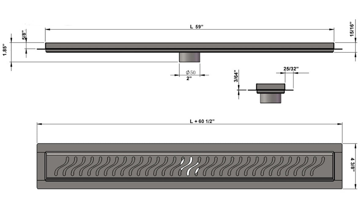 59 Inch Linear Drain Brushed Nickel Ocean Wave Design, SereneDrains