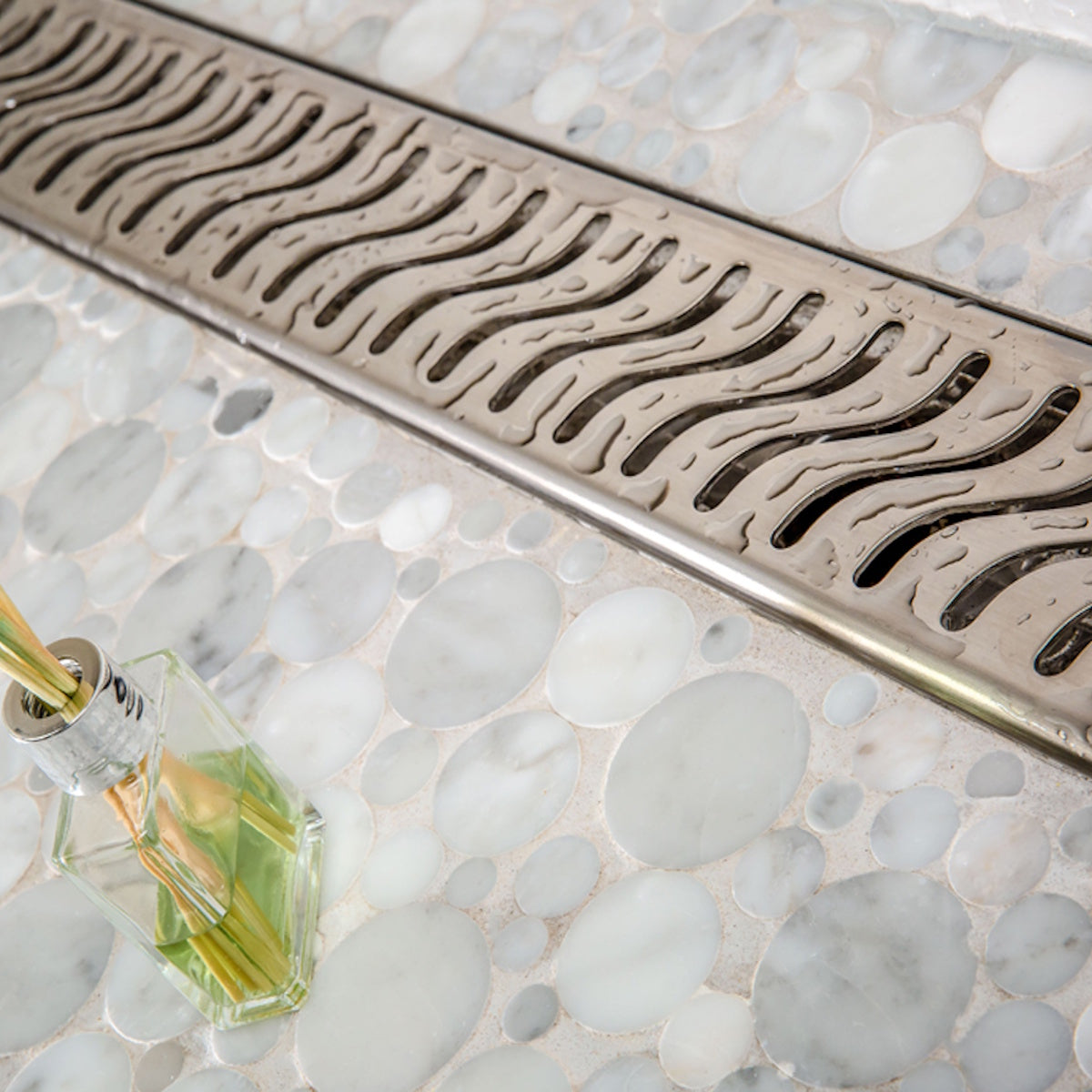 Linear Drain Brushed Nickel Ocean Wave Design, SereneDrains