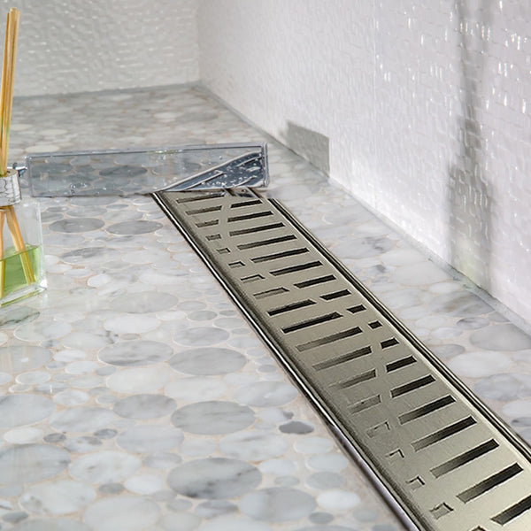 Shower Channel Drain Brushed Nickel Wind Design, SereneDrains