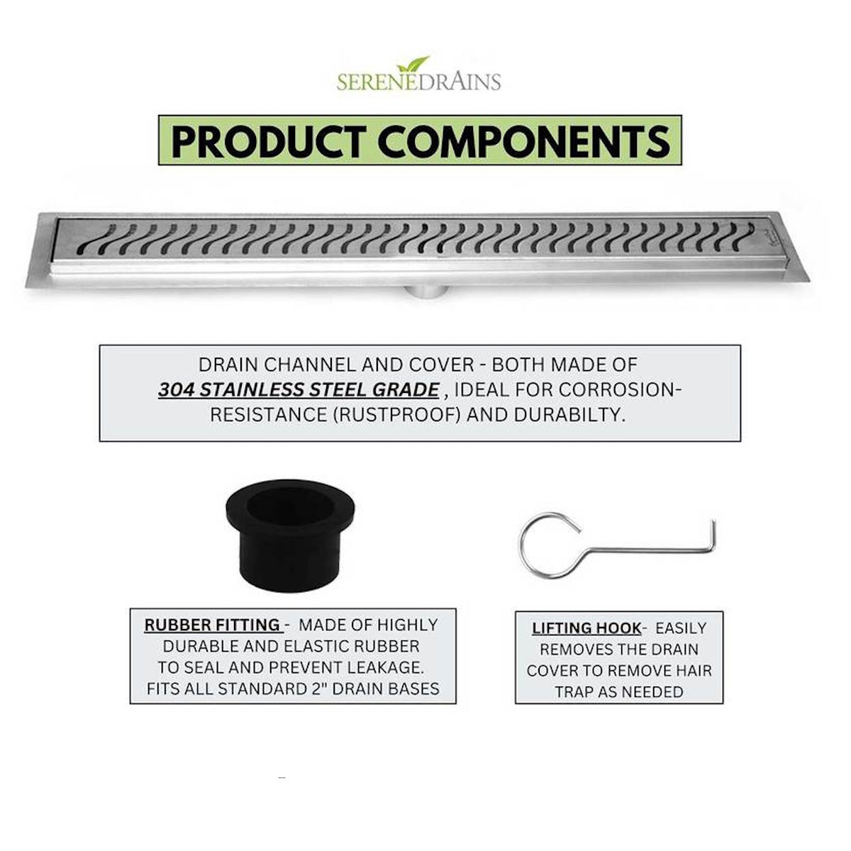 Linear Drain Brushed Nickel Ocean Wave Design, SereneDrains