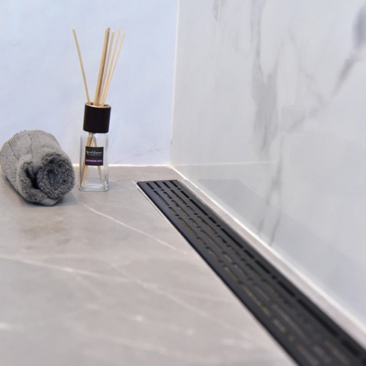 SereneDrains Matte Black Linear Shower Drain Broken Lane Design