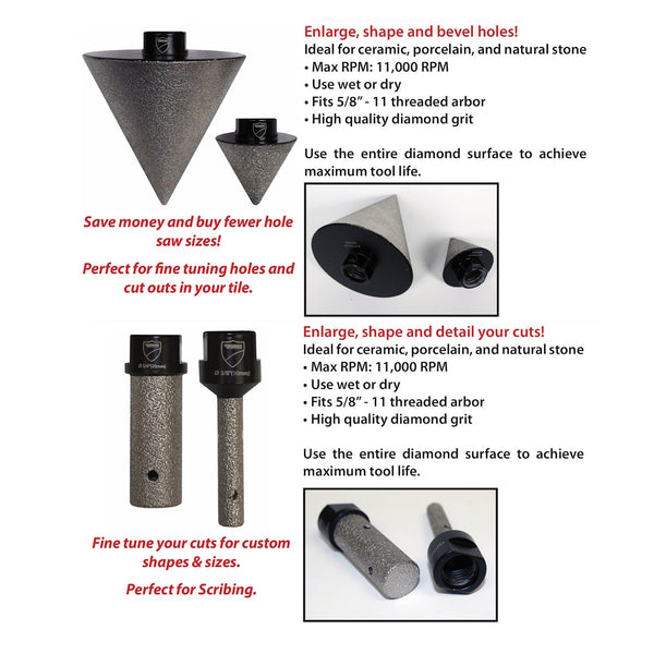 Diamond Milling Bits for Tile and Stone, Set of Straight and Cone Milling Bits