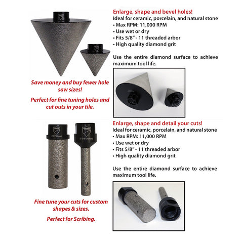Diamond Milling Bits for Tile and Stone, Set of Straight and Cone Milling Bits