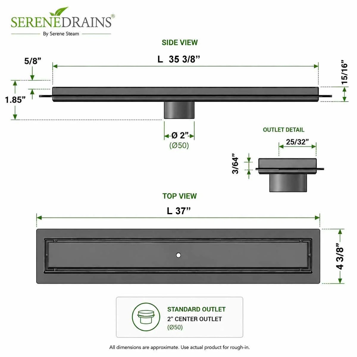35" Oil Rubbed Bronze Linear Shower Drain, Tile Insert Grate, 304 Stainless Steel