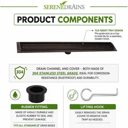 Oil Rubbed Bronze Linear Shower Drain, Tile Insert Grate, 304 Stainless Steel