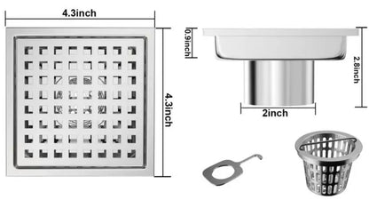 Silver Stainless Steel 4 Inch and 6 Inch Shower Drains, Square Grid Design