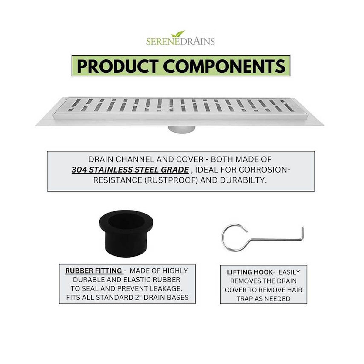 SereneDrains 60 Inch Linear Shower Drain Kit with 2 Inch Drain Flange, Hair Trap | 6 Grate Designs