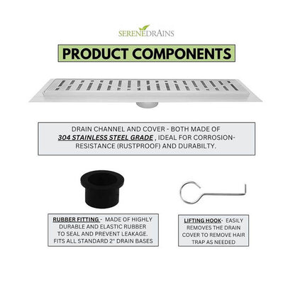SereneDrains 60 Inch Linear Shower Drain Kit with 2 Inch Drain Flange, Hair Trap | 6 Grate Designs