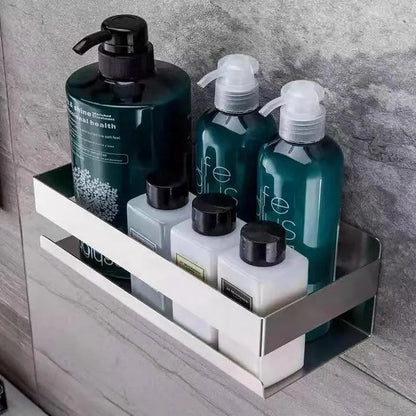 Wall-Mounted Stainless Steel Bathroom Storage Shelf with Two Hooks