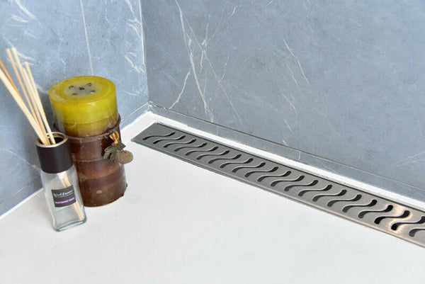 SereneDrains Linear Shower Drain with Hair Trap Set Ocean Wave Design