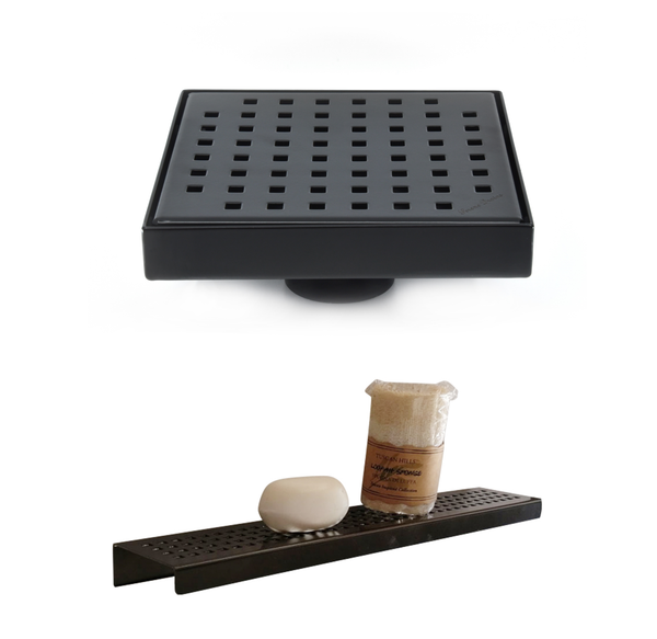 Matte Black Bath Set: 6 Inch Square Shower Drain & Shower Shelf Squares Design