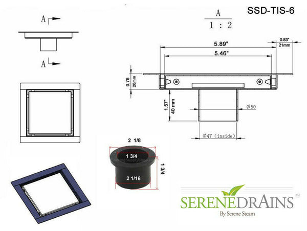 SereneDrains 6 inch Square Shower Drain Invisible Design
