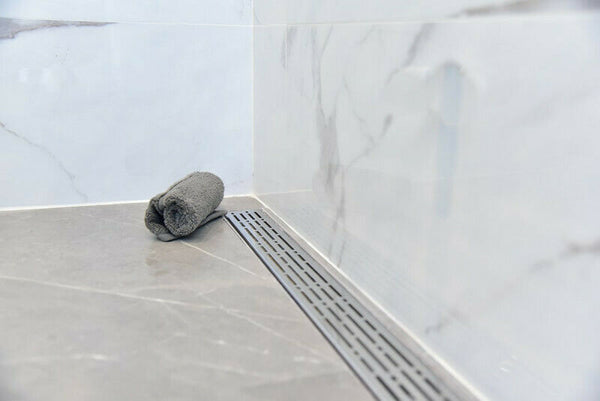 SereneDrains Linear Shower Drain with Hair Trap Set, Brushed Nickel Broken Lane Design