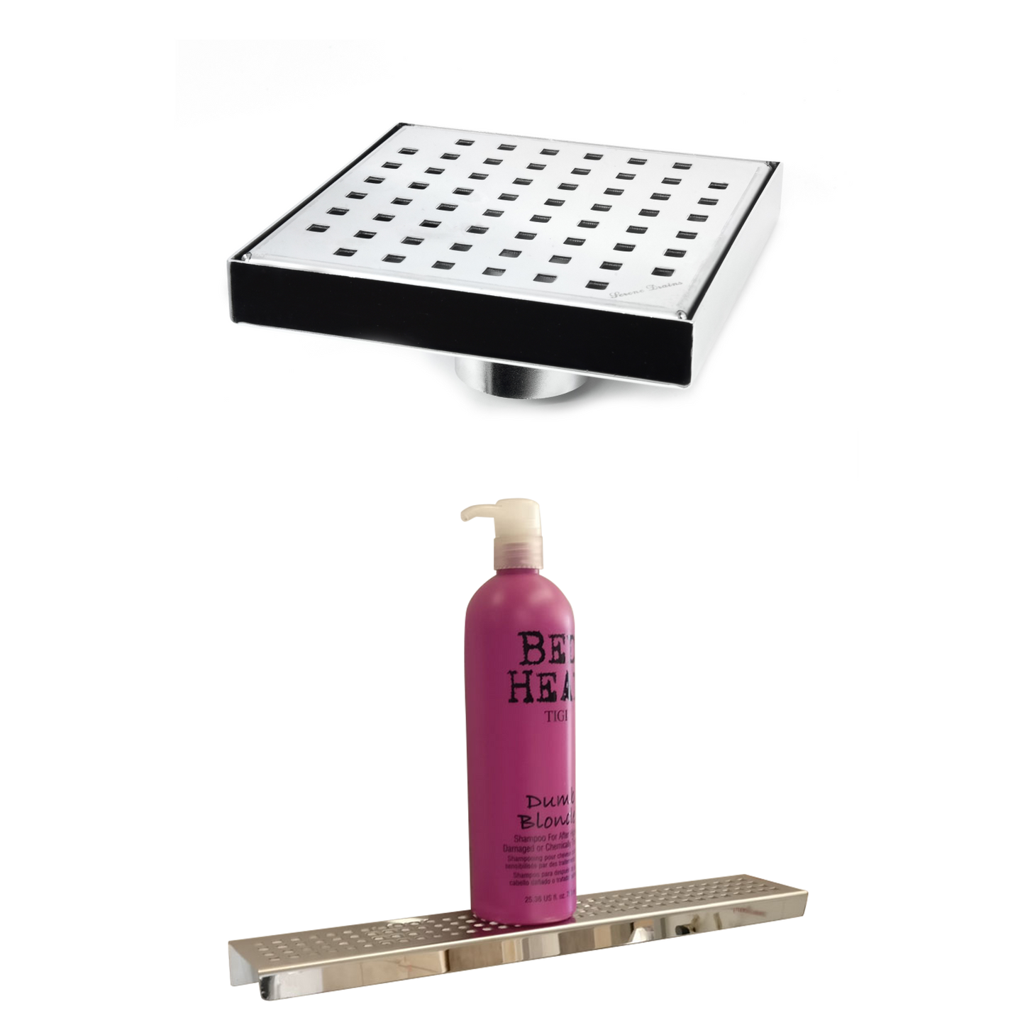 Polished Chrome Bath Set: 6" Square Shower Drain & Shower Shelf Squares Design