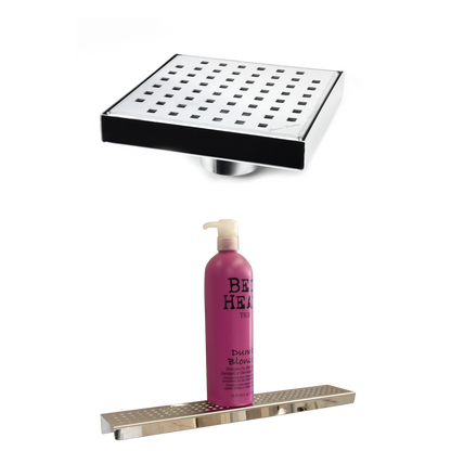 Polished Chrome Bath Set: 6" Square Shower Drain & Shower Shelf Squares Design