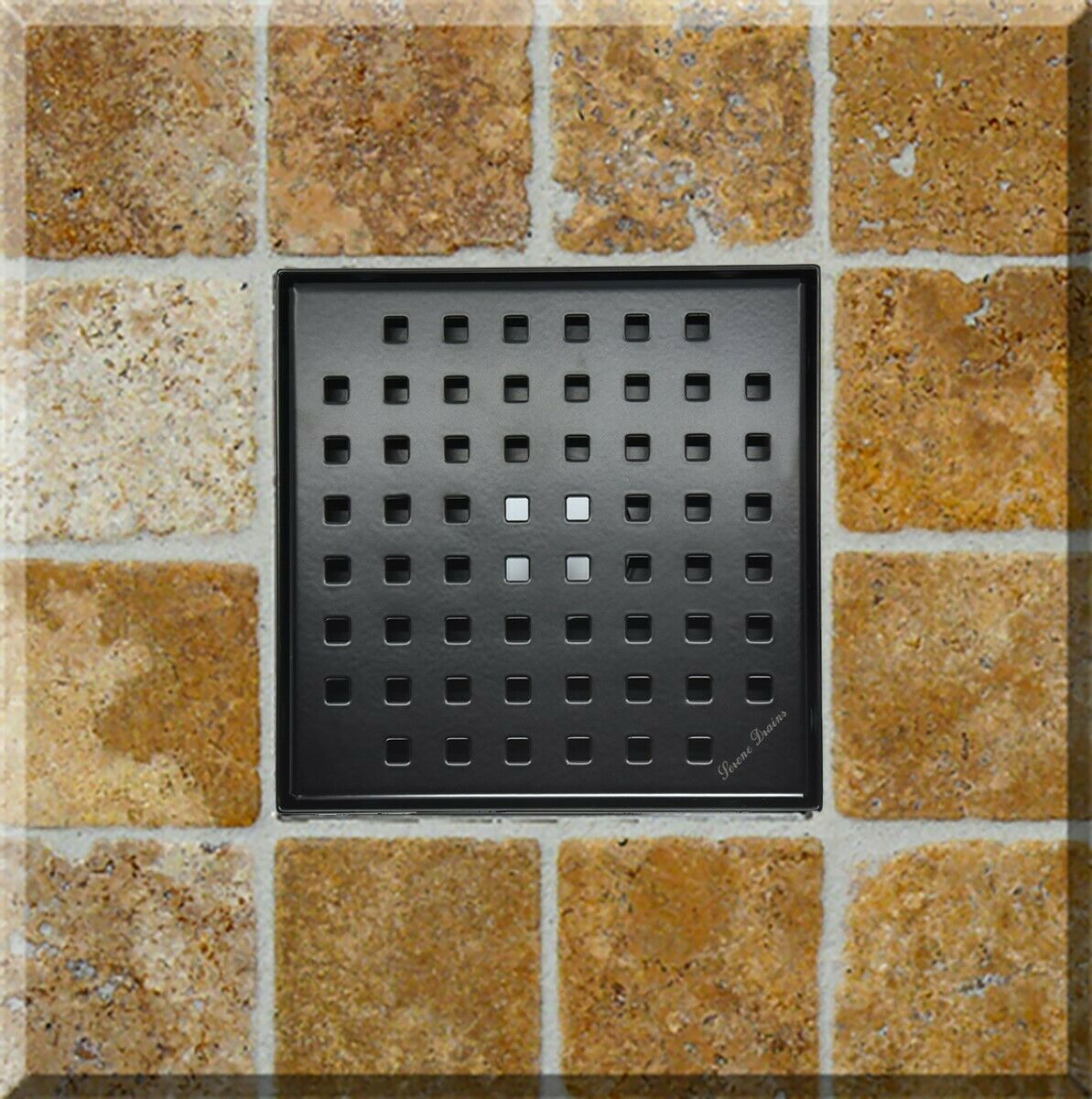 Matte Black Bath Set: 6 Inch Square Shower Drain & Shower Shelf Squares Design