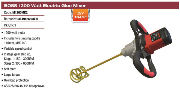 Electric Grout & Mortar Mixer Machine, DTA Boss 1200W Mixer M1200MK2