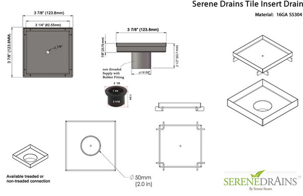 SereneDrains 4 Inch Tile Insert Square Shower Drain Brushed Nickel