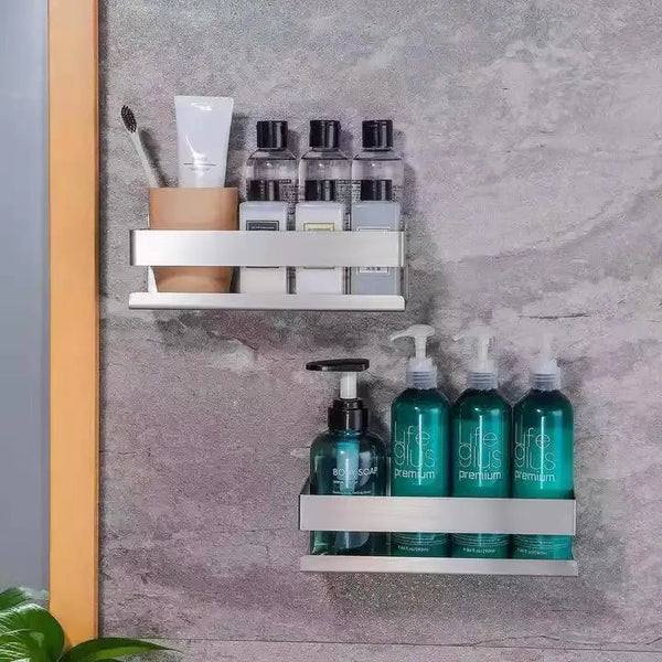 Wall-Mounted Stainless Steel Bathroom Storage Shelf with Two Hooks