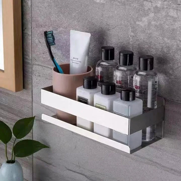 Wall-Mounted Stainless Steel Bathroom Storage Shelf with Two Hooks