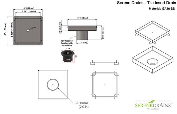 SereneDrains 6 Inch Tile Insert Square Shower Drain Brushed Nickel