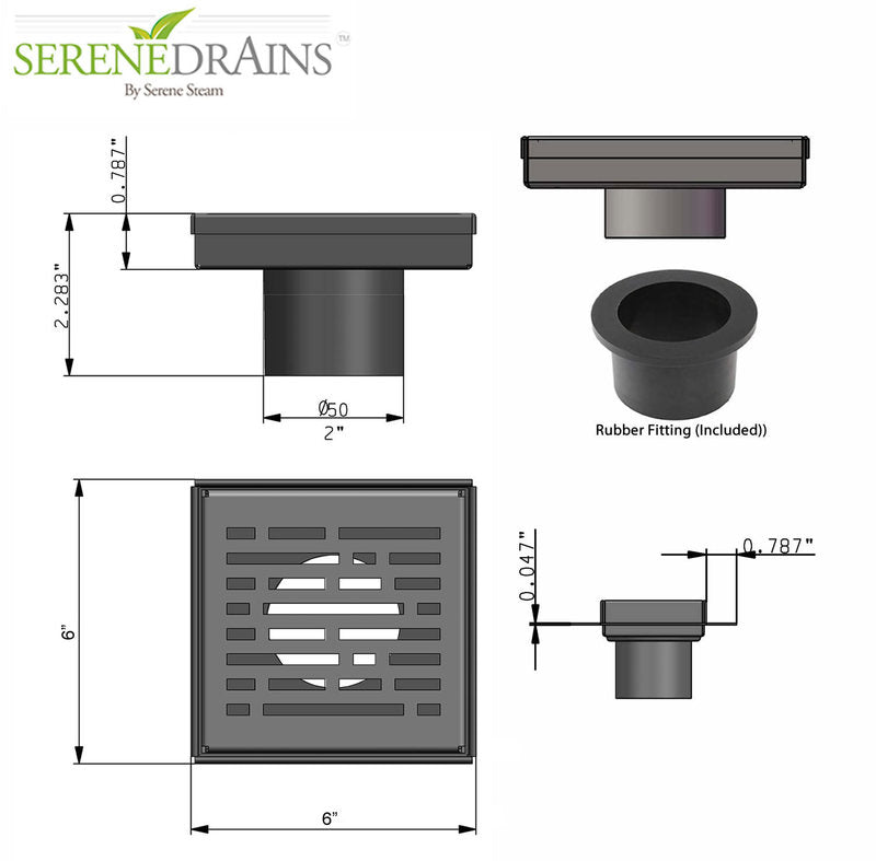 SereneDrains 6 Inch Matte Black Square Shower Drain Cover