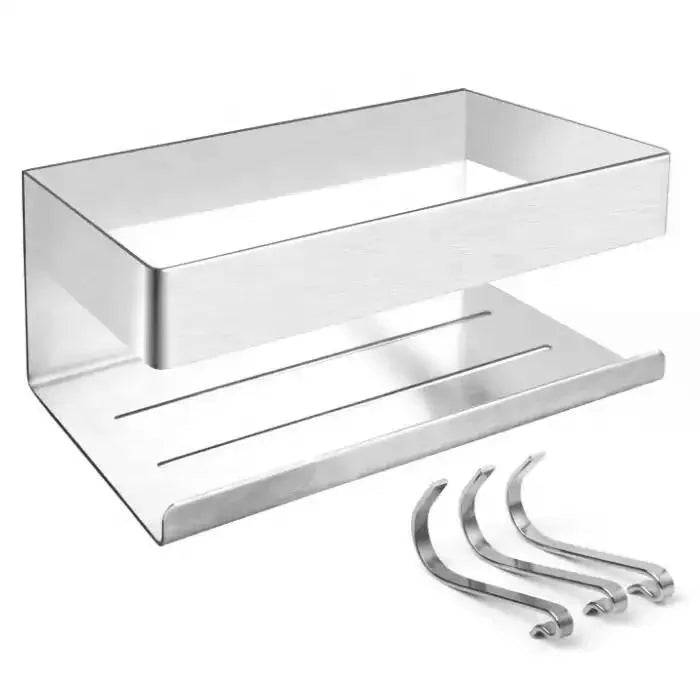 Wall-Mounted Stainless Steel Bathroom Storage Shelf with Two Hooks