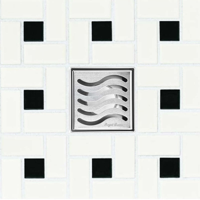 4 Inch Polished Chrome Square Floor Drain Wave Design by SereneDrains with Hair Trap 