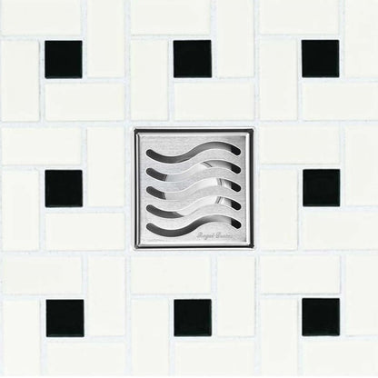 4 Inch Polished Chrome Square Floor Drain Wave Design by SereneDrains with Hair Trap 