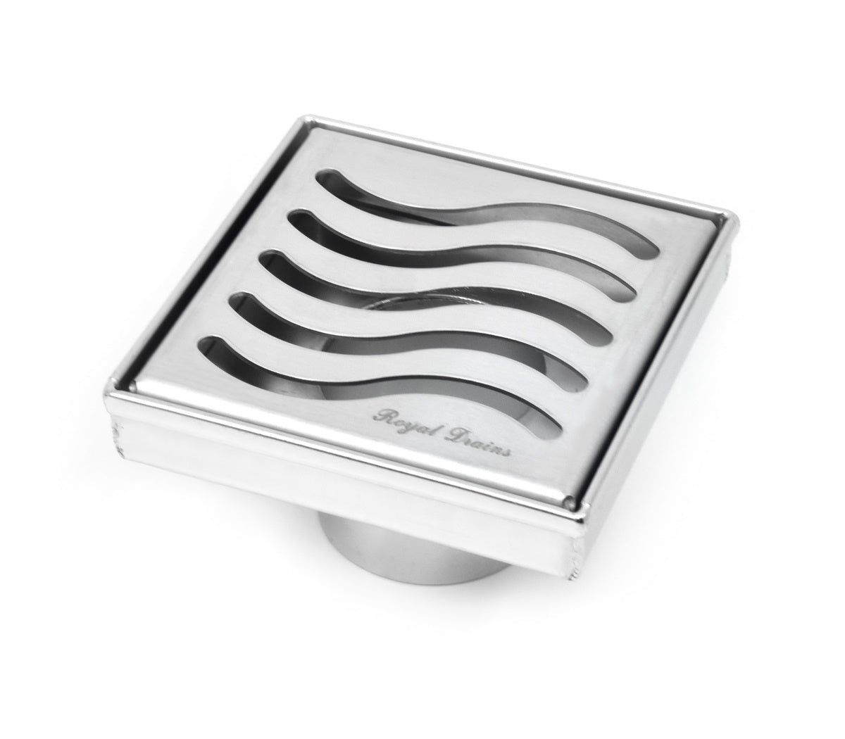 SereneDrains 4 inch Square Shower Drain Ocean Wave Design Polished Chrome