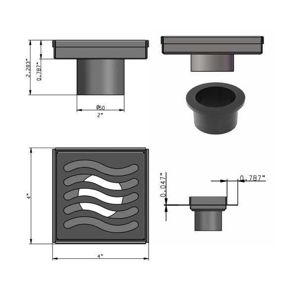 SereneDrains 4 Inch Square Shower Drain Ocean Wave Design Brushed Nickel