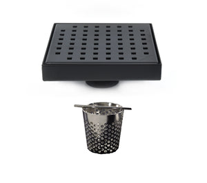 6 Inch Matte Black Square Shower Drain with Hair Trap Set (2 Designs)