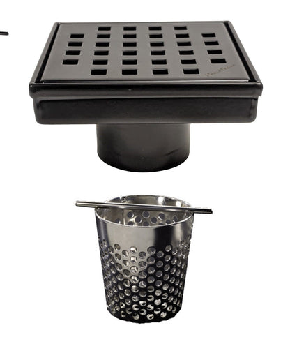 SereneDrains 4 Inch Black Square Shower Drain with Hair Trap