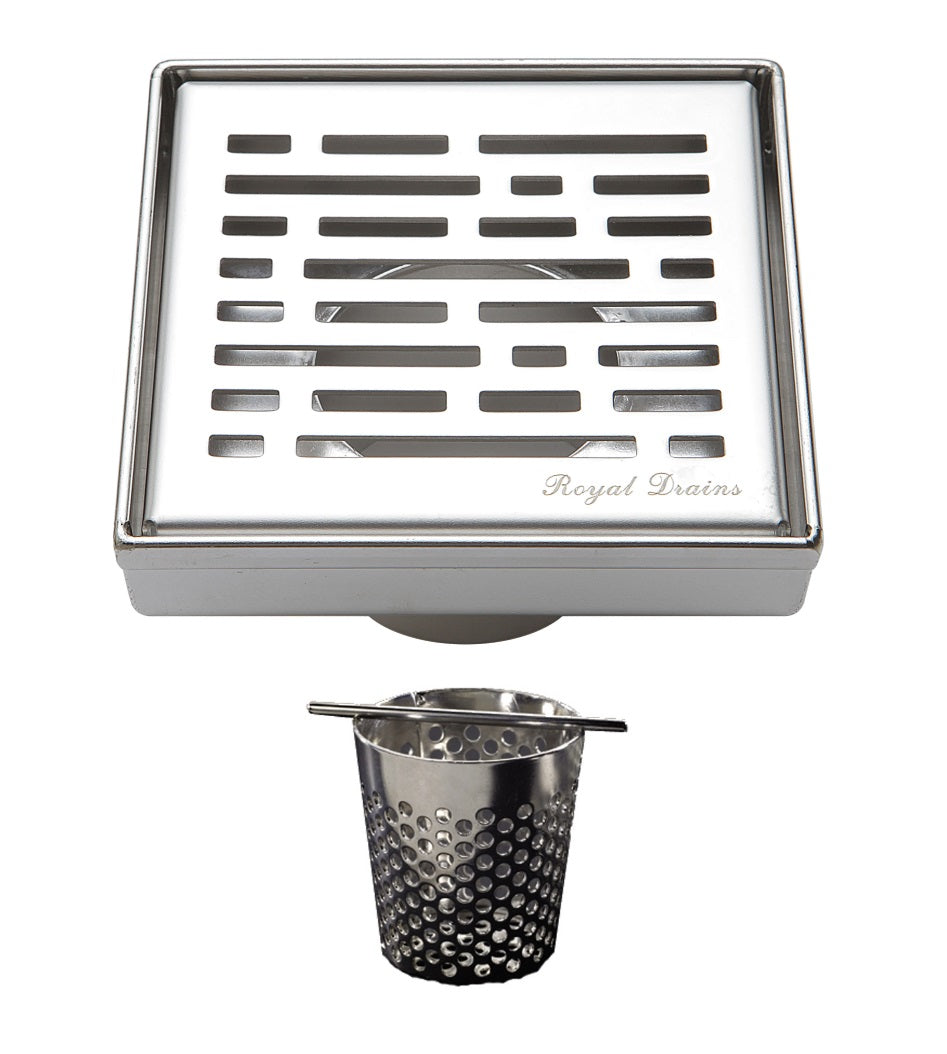 4 Inch Polished Square Floor Drain Broken Lane Design by SereneDrains with Hair Trap 