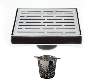 6 Inch Brushed Nickel Square Shower Drain with Hair Trap Set (2 Designs)
