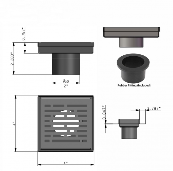 SereneDrains 4 Inch Square Shower Drain 