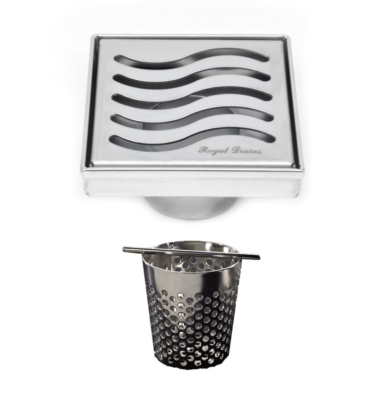 4 Inch Polished Chrome Square Shower Drain with Hair Trap Set (4 Designs)