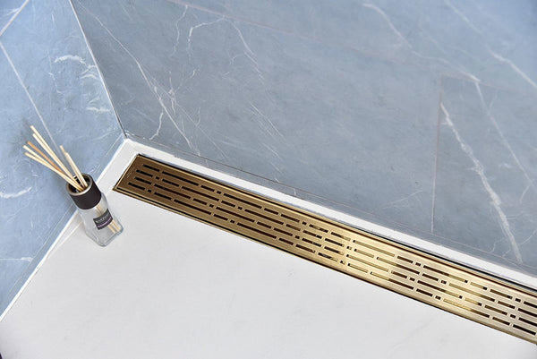 SereneDrains 35 Inch Satin Gold Linear Shower Drain Broken Lane Design