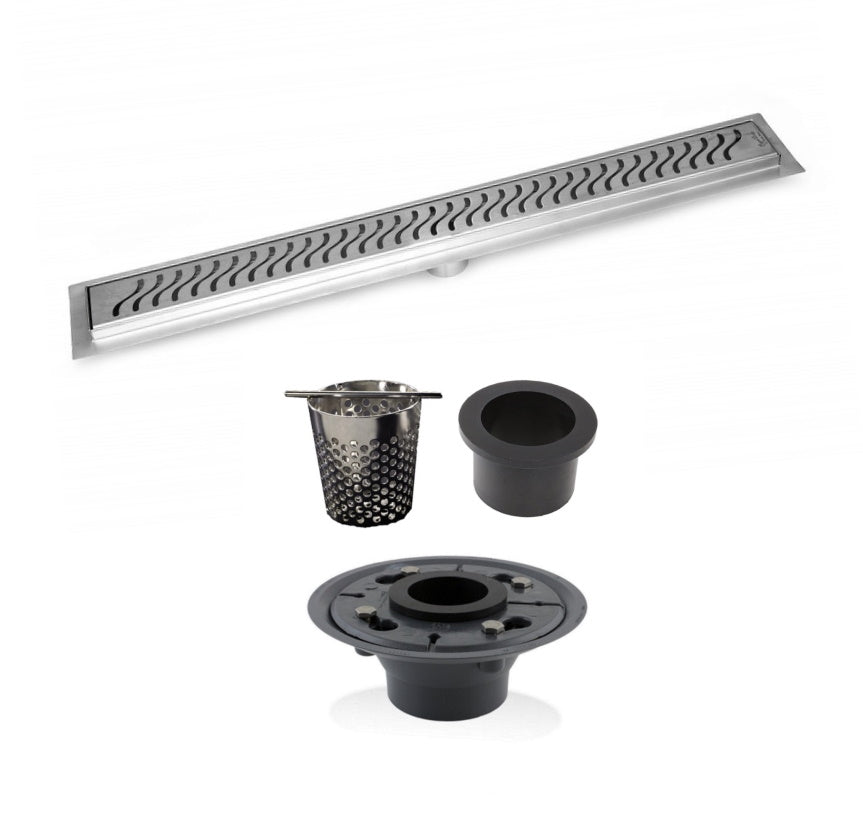 SereneDrains 36 Inch Linear Shower Drain Kit with 2 Inch Drain Flange, Hair Trap | 6 Grate Designs