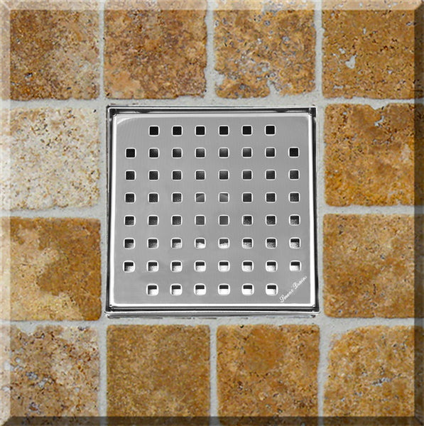 SereneDrains 6 inch Square Shower Drain Traditional Square Design Brushed Nickel