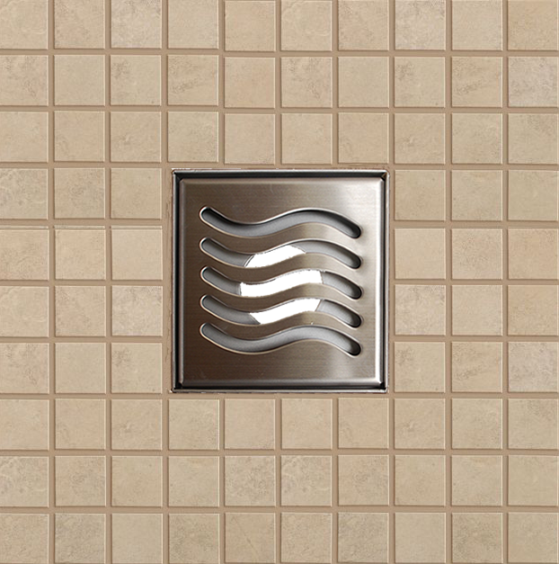 SereneDrains 4 Inch Square Shower Drain Wave Design Brushed Nickel