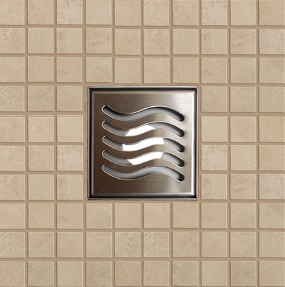 SereneDrains 4 Inch Square Shower Drain Wave Design Brushed Nickel
