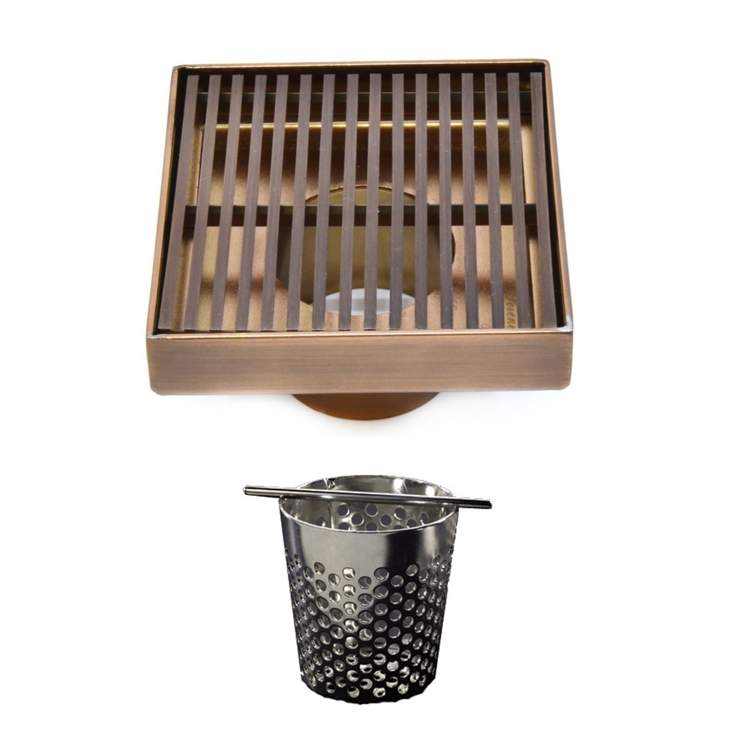 SereneDrains 4 Inch Square Shower Drain Bronze with Hair Trap
